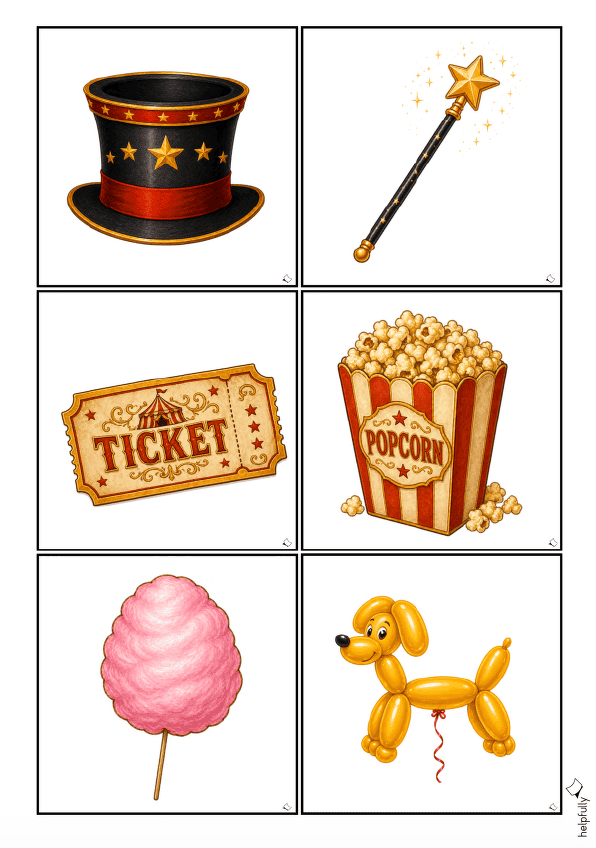 Zylinder, Zauberstab, Popcorn und mehr Zirkus-Deko sowie Requisiten als Bildkarten zum Ausdrucken