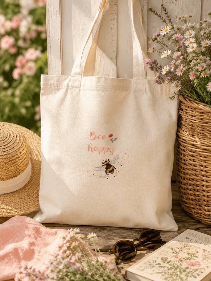 Auf die Tasche übertragen, summen wir bei dem gratis Stickmuster von DMC vor Freude!