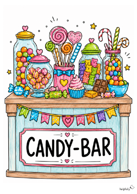 Schild für Candy-Bar ausdrucken und fertig ist die süßeste Party-Theken-Deko!
