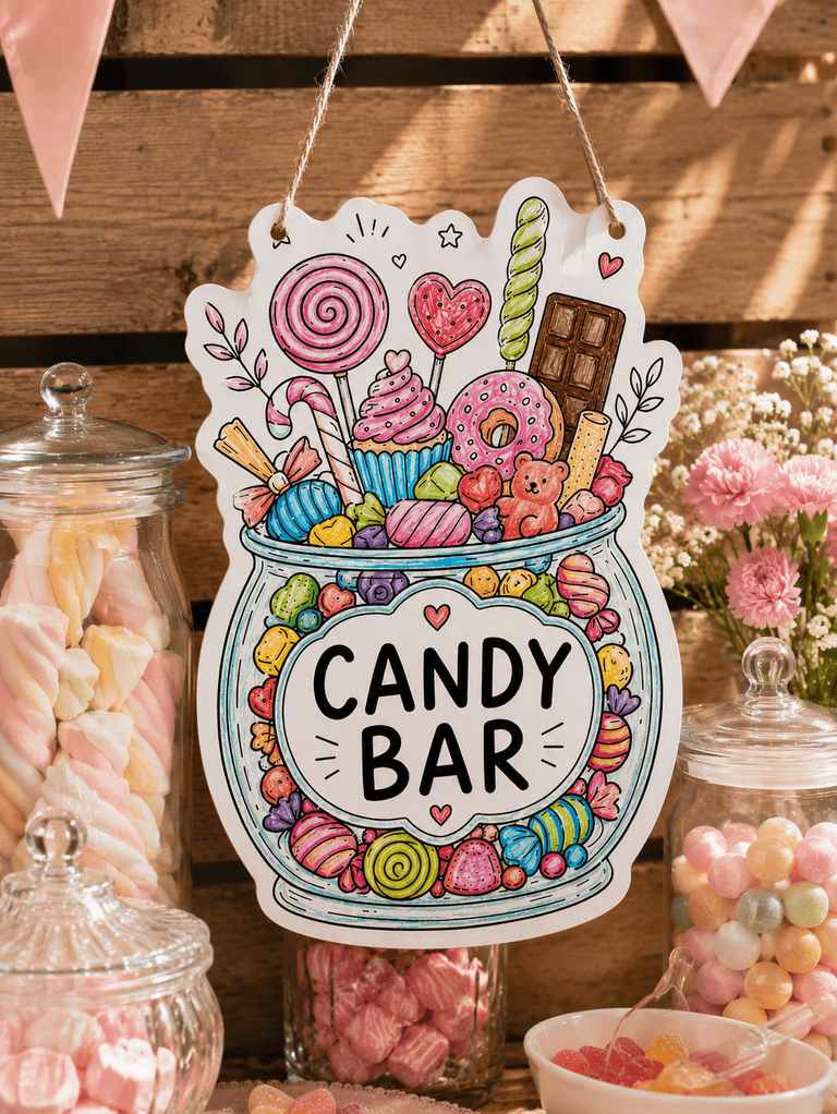 Candybar-Schild gelocht und mit Kordel über der Süßigkeiten-Theke, yeah!