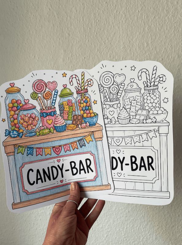 Mega süße Candy-Bar Schilder als Gratis-PDF zum Ausdrucken, bunt oder schwarz-weiß