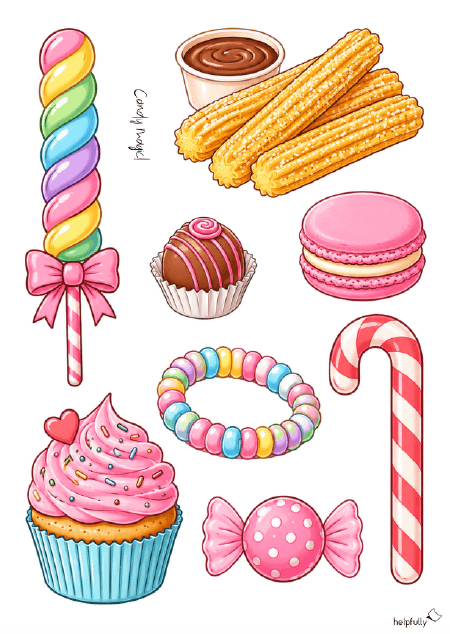 Süßigkeiten in tollen Farben zum Ausdrucken und Basteln von Deko, Stickern & Candy-Bar Zubehör