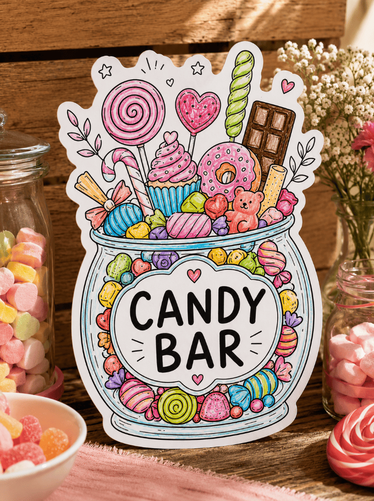 Zubehör für Candy-Bar: Das A4-Schild zum Ausschneiden und Ausmalen!