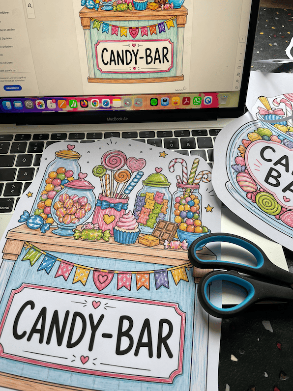 Schilder als Candy-Bar Zubehör in Farbe ausdrucken, ausschneiden und fertig ist die süße Partydeko!