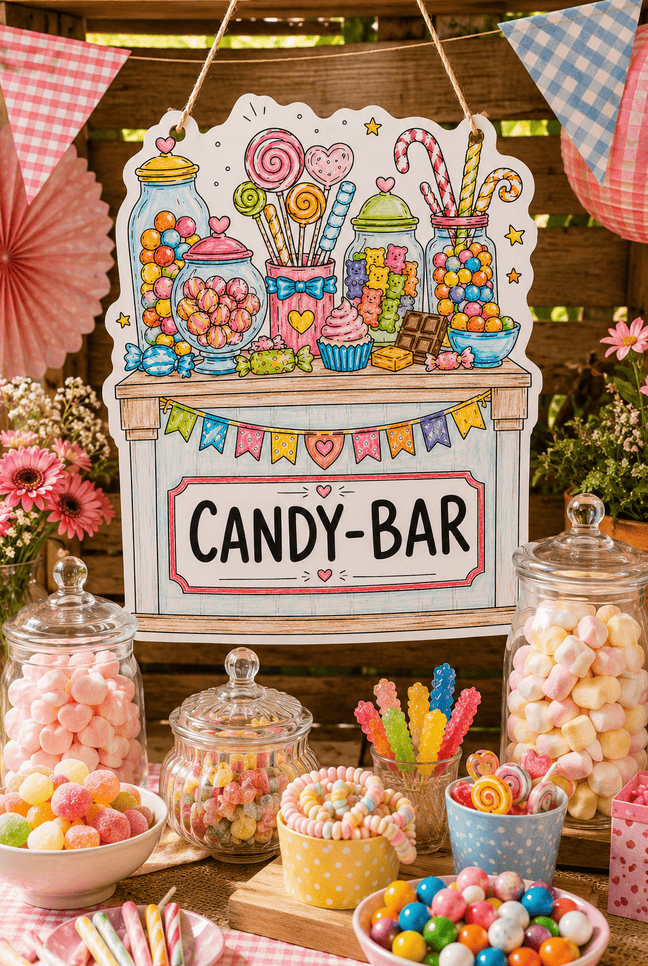Candy-Bar-Schild gelocht und mit Kordel als Süßigkeiten-Station!