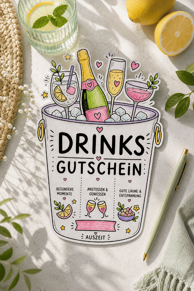 Drinks-Gutschein auf festerem Papier ausgedruckt und angemalt, eine mega coole Geschenkidee!