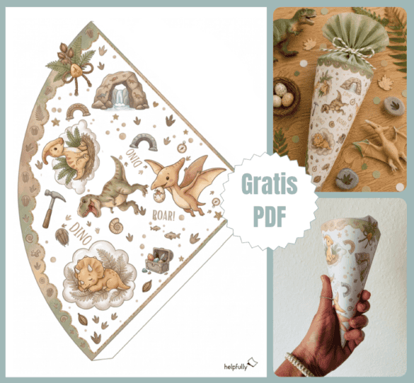 Süße Mini-Schultüte mit Dino-Motiven basteln - mit der gratis PDF-Vorlage