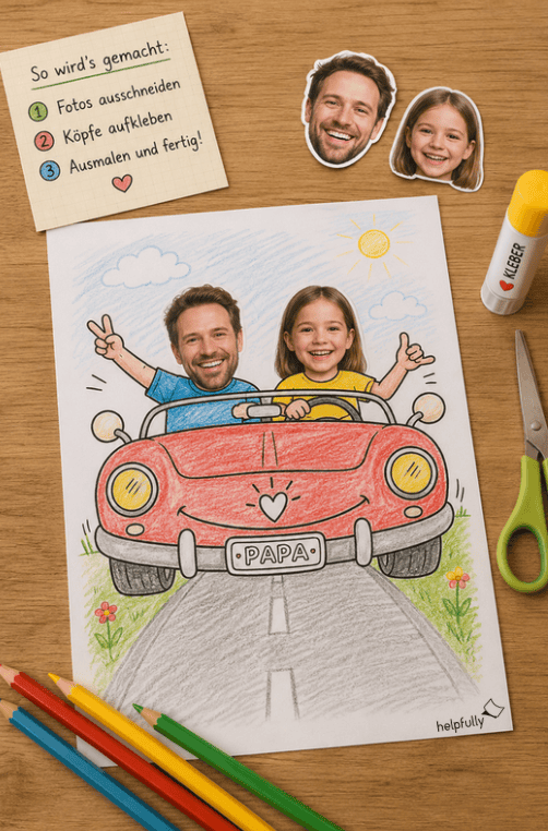 Geschenkidee für Papa: Das Auto zum Ausdrucken, Ausmalen und Einkleben von Kopffotos von Vater und Kind