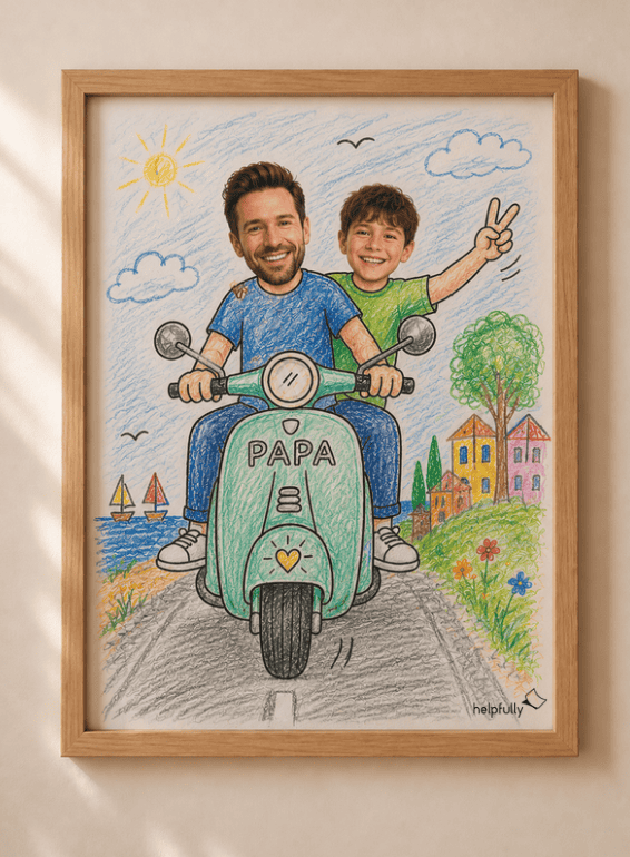 Bastelidee für Papa zum Vatertag: Roller zum Ausdrucken, Ausmalen und Einkleben von Kopffotos von Vater und Kind