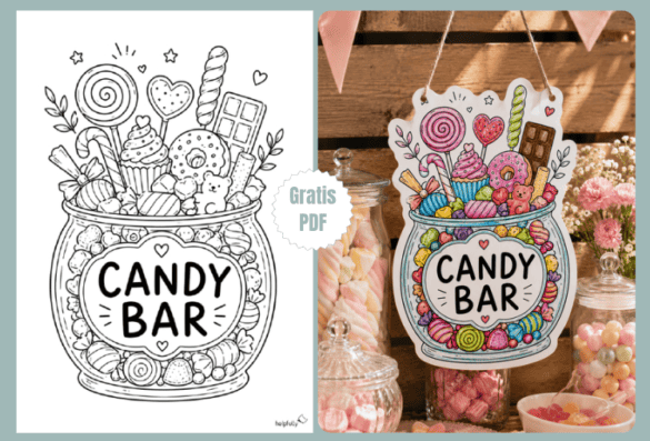 Candy-Bar als A4 Schild zum Basteln und Ausmalen als süße DIY-Deko!