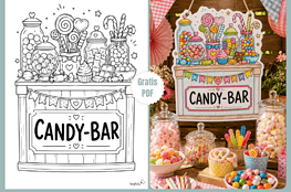 Candy-Bar Schild in Thekenform als A4 Vorlage zum Basteln und Ausmalen für süße Party-Deko!