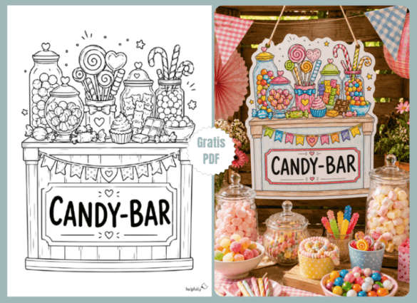 Candy-Bar Schild in Thekenform als A4 Vorlage zum Basteln und Ausmalen für süße Party-Deko!