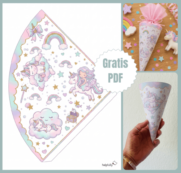 Süße Mini-Schultüte mit Einhorn-Motiven basteln - mit der gratis PDF-Vorlage