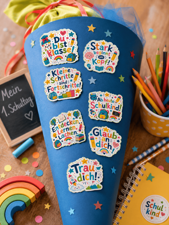 Auch für die Schultüte eine tolle Deko: Die Sticker mit  positiven Wünschen zum Ausdrucken!