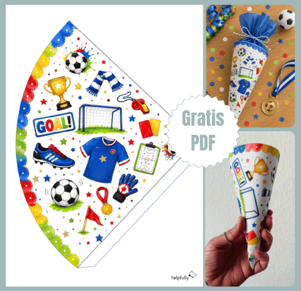 Mega coole Mini-Schultüte mit Fußball-Motiven basteln - mit der gratis PDF-Vorlage