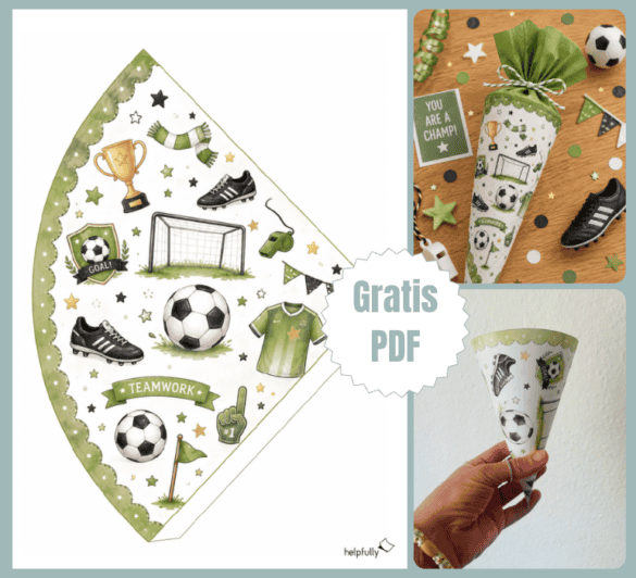 Süße Mini-Schultüte mit Fußball-Motiven basteln - mit der gratis PDF-Vorlage