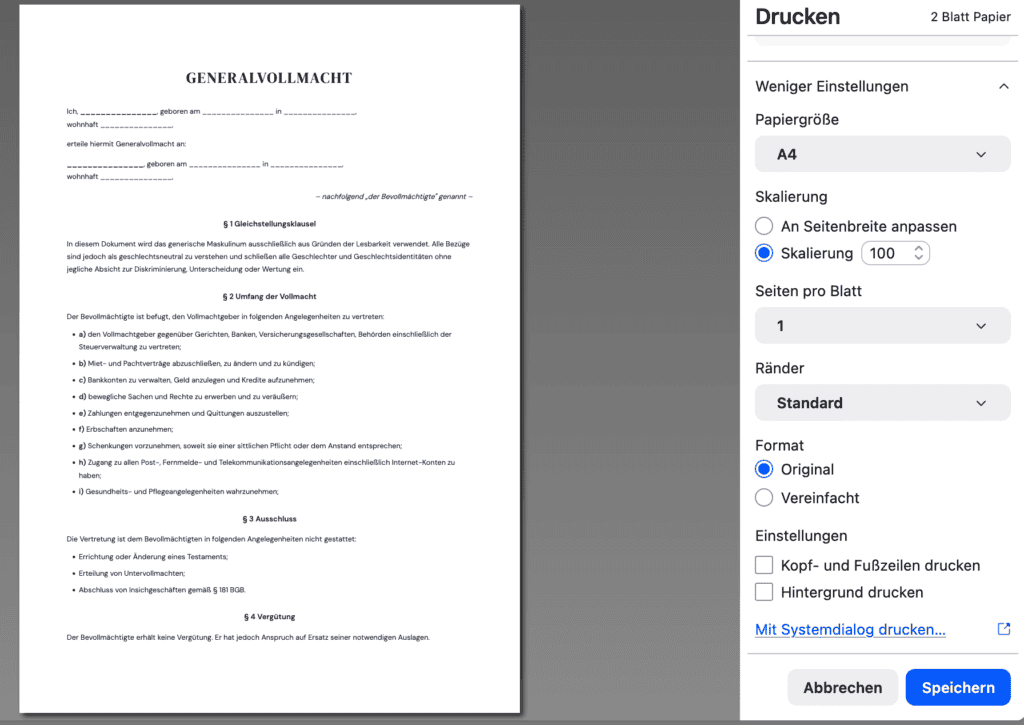 Generallvollmacht nach dem Ausfüllen als PDF speichern oder direkt drucken!
