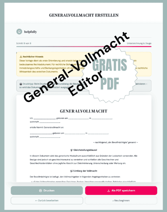 Generallvollmacht online erstellen und als PDF speichern oder ausdrucken - hier als gratis Vorlage