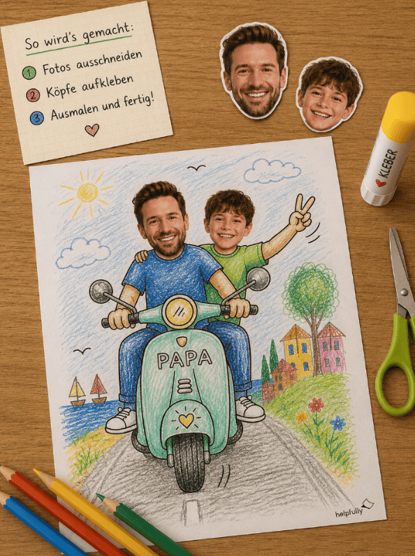 Geschenkidee für Papa: Der Vespa-Roller zum Ausdrucken, Ausmalen und Einkleben von Kopffotos von Vater und Kind