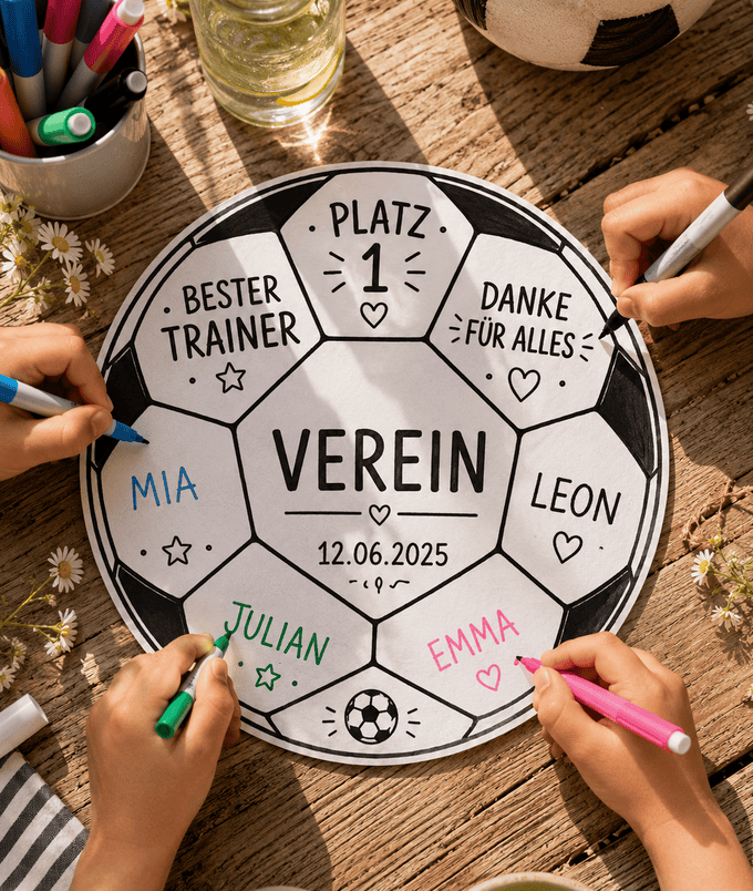 Fußball ausschneiden, Namen und Verein reinschreiben - dem Trainer schenken, fertig!