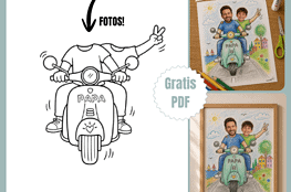 Lustiges Geschenk für Väter basteln mit Fotos, die auf einen Vesparoller mit zwei Personen geklebt werden als Kind und Papa