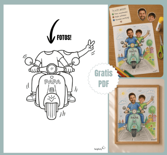 Lustiges Geschenk für Väter basteln mit Fotos, die auf einen Vesparoller mit zwei Personen geklebt werden als Kind und Papa