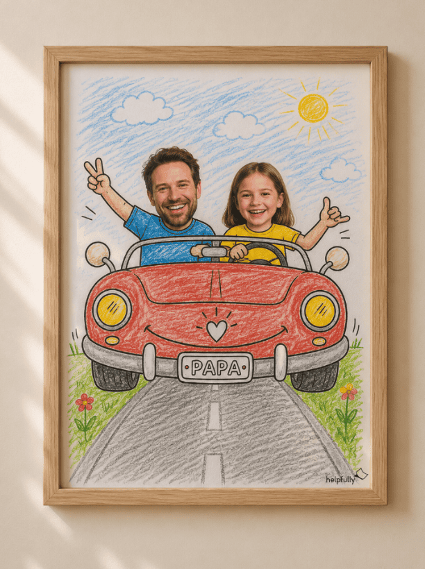 Bastelidee für Papa zum Vatertag: Auto zum Ausdrucken, Ausmalen und Einkleben von Kopffotos von Vater und Kind