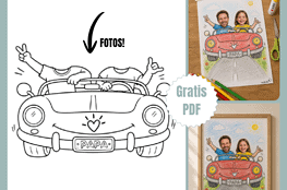 Lustiges Geschenk für Väter basteln mit Fotos, die auf ein Auto mit zwei Personen geklebt werden als Kind und Papa