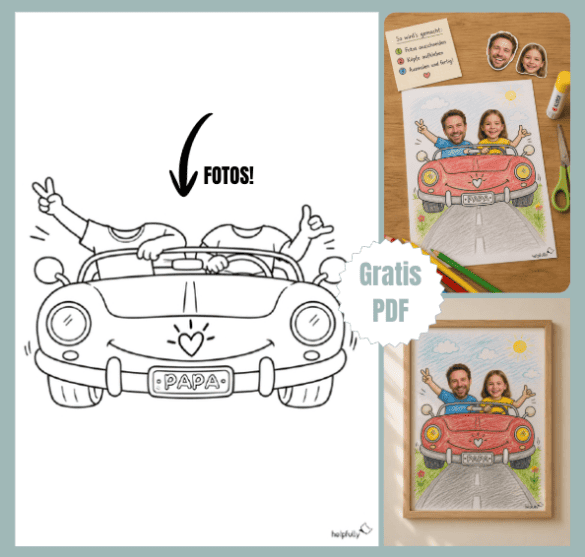 Lustiges Geschenk für Väter basteln mit Fotos, die auf ein Auto mit zwei Personen geklebt werden als Kind und Papa