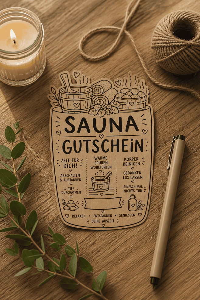 Sauna-Gutschein auf Kraftpapier ausgedruckt - eine tolle Geschenkidee!