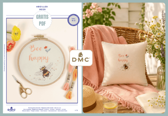 Ein mega schönes Stickmuster für den Kreuzstich in Form einer Biene und Spruch Bee happy von DMC