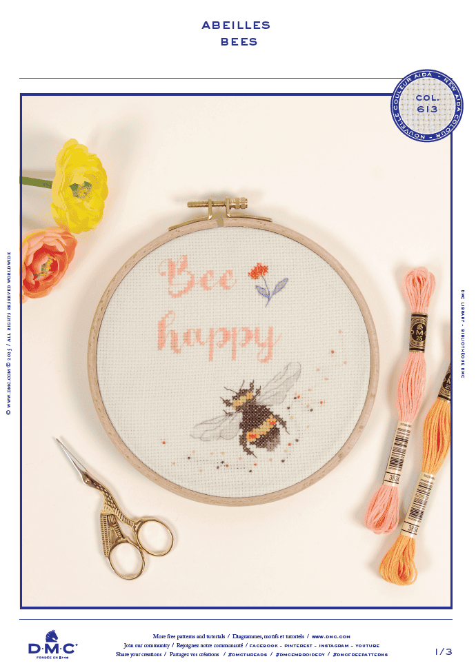 Schönes Kreuzstich-Muster als gratis-Vorlage mit Biene und Spruch Bee happy!