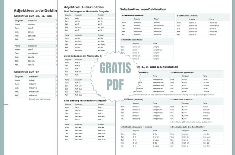 Latein Deklinationen als Übersicht in Tabellenform zum Ausdruckn als PDF