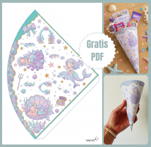 Süße Mini-Schultüte mit Meerjungfrauen-Motiven basteln - mit der gratis PDF-Vorlage