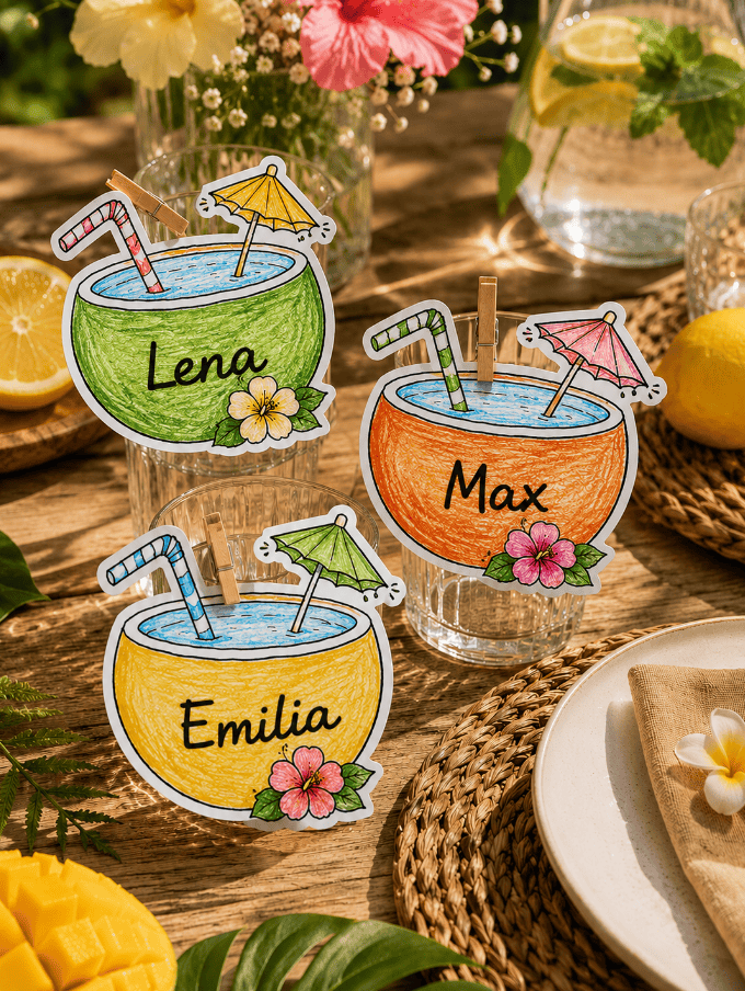 Einladungen für die Sommerparty basteln - mit den Kokosnüssen aus Papier genial!