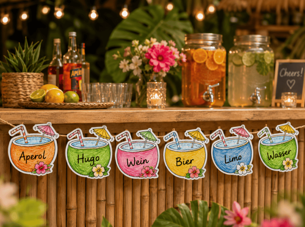Getränkeschilder für die Sommer-Bar: die Kokosnüsse aus Papier sind mega cool!