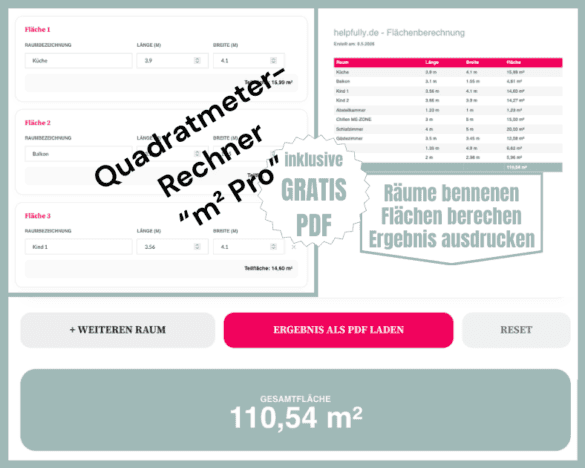 Quadratmeter Rechner m² PRO: Berechne online einfach die Fläche von Räumen und drucke das Ergebnis als PDF aus