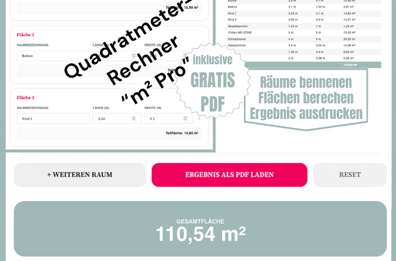 Quadratmeter Rechner m² PRO: Berechne online einfach die Fläche von Räumen und drucke das Ergebnis als PDF aus