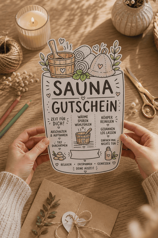Sauna-Gutschein auf festerem Papier ausgedruckt und angemalt