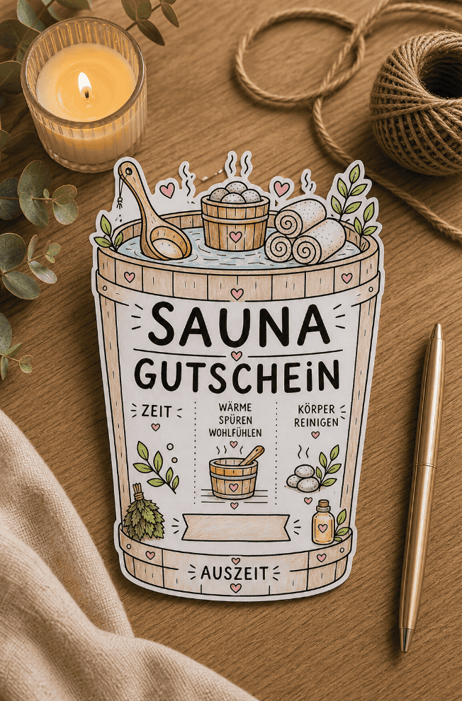Sauna-Gutschein auf festerem Papier ausgedruckt und angemalt, eine mega Geschenkidee!