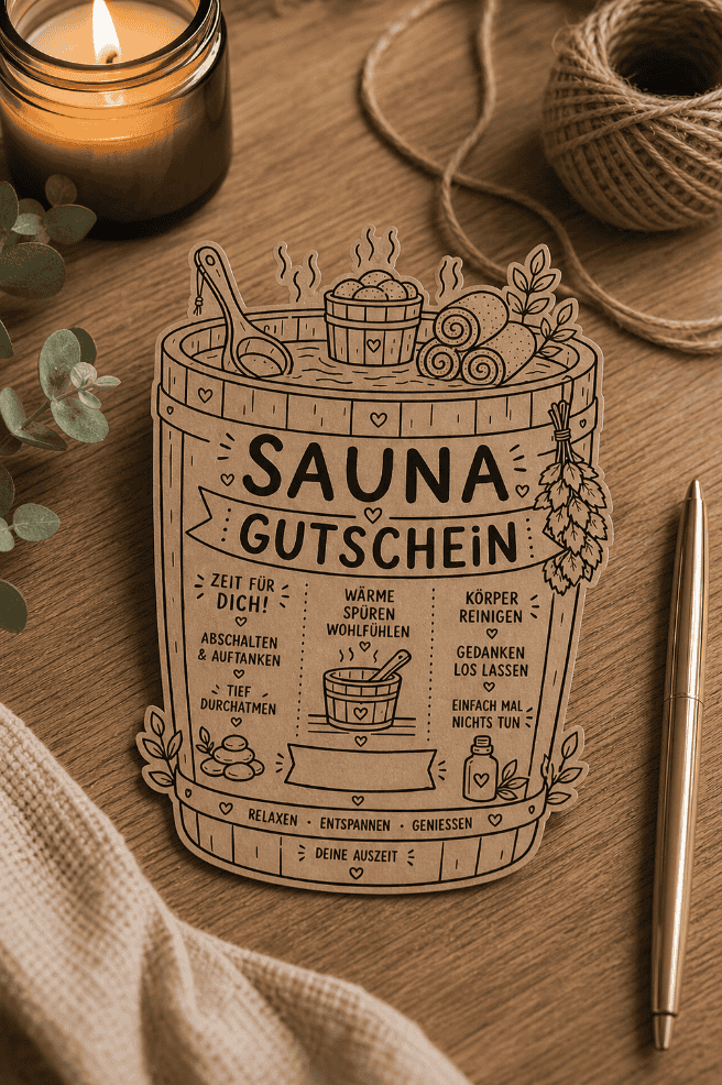 Sauna-Gutschein auf Kraftpapier ausgedruckt - eine tolle Geschenkidee!
