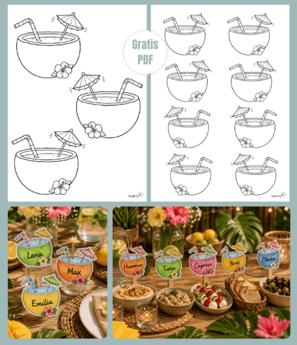 Coole Sommerdeko für die Party basteln, geht mit den papier-Kokosnüssen zum Ausdrucken, Ausmalen und Beschriften mega!