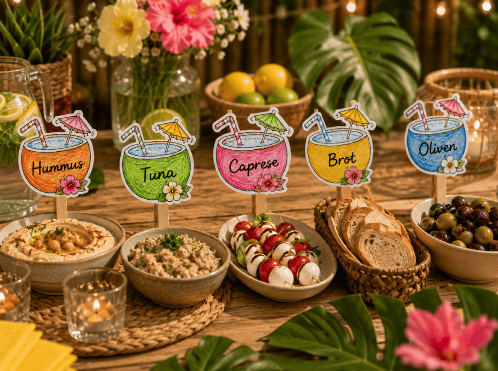 Schilder fürs Party-Buffet: Die kleinen Kokosnüsse machen die Sommer-Deko perfekt!