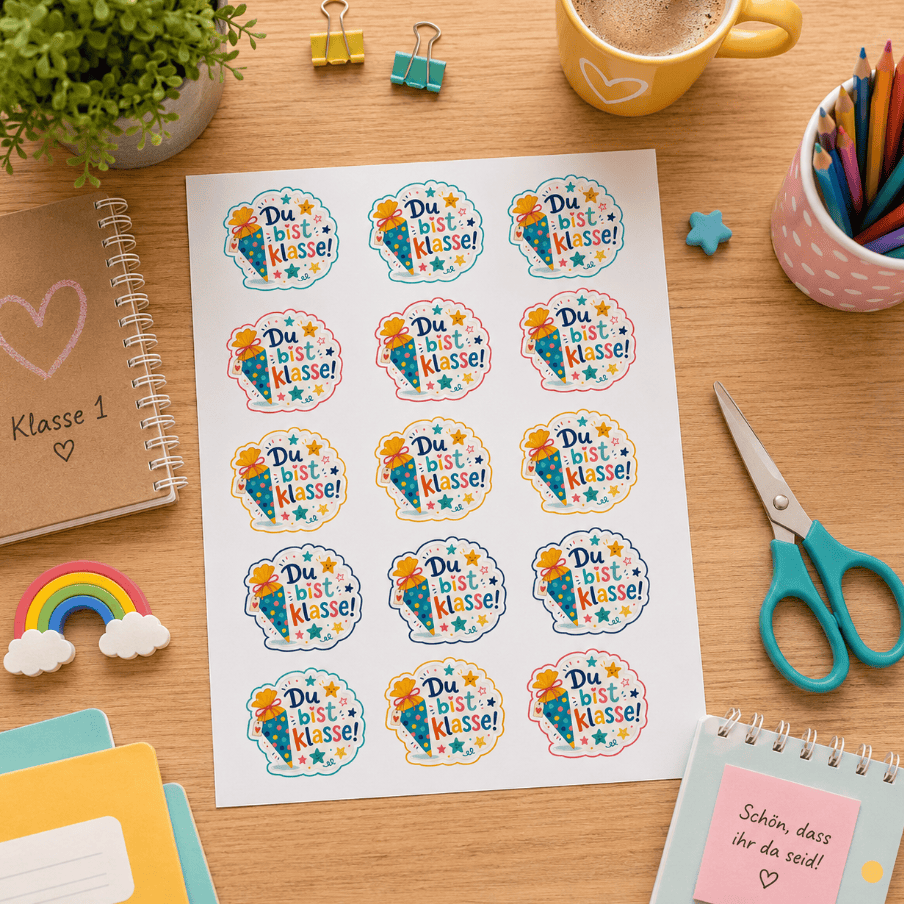 Tolle Sticker für den Schulstart: Du bist klasse! zum Ausdrucken als gratis Bogen!
