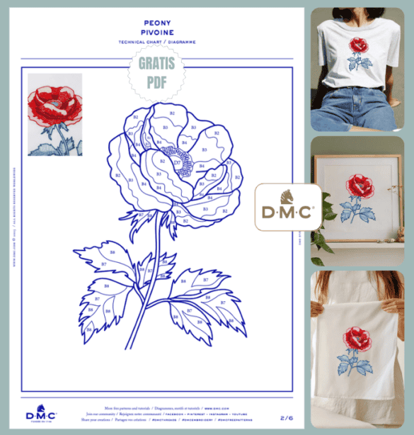 Schöne Stickvorlage mit einer Pfingstrose von DMC mit gratis PDF