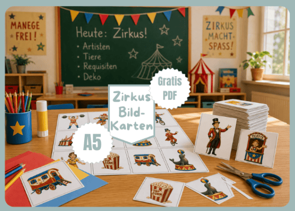 Zirkus-Bildkarten zum Lernen und Basteln als Gratis PDF im A5 Format ausdrucken