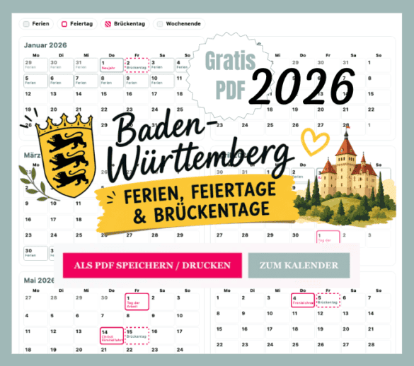 BW Ferien mit Kalender 2026 zum Ausdrucken für Baden-Württemberg als gratis PDF