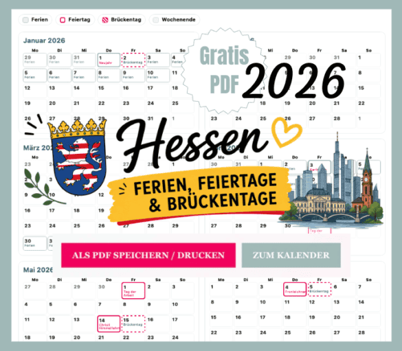 Hessen HE Ferien mit Kalender 2026 zum Ausdrucken als gratis PDF