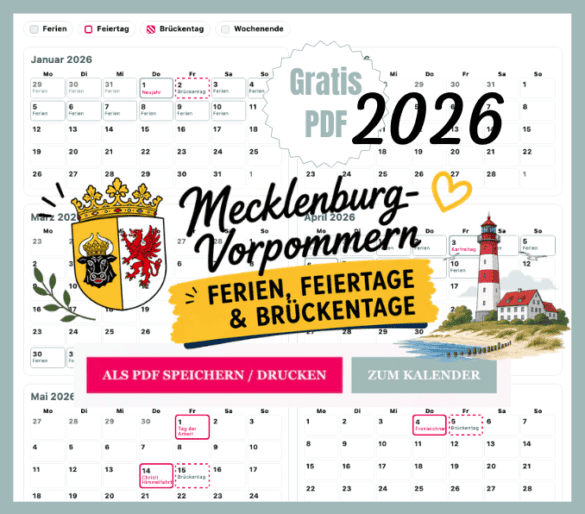 MV Ferien in Mecklenburg-Vorpommern mit Kalender 2026 zum Ausdrucken als gratis PDF