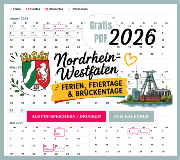 NW Ferien in Nordrhein-Westfalen mit Kalender 2026 zum Ausdrucken als gratis PDF